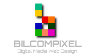 BILCOMPIXEL Firmenlogo – buntes Pixel-Design in B-Form mit Schriftzug "Digital Media Web Design